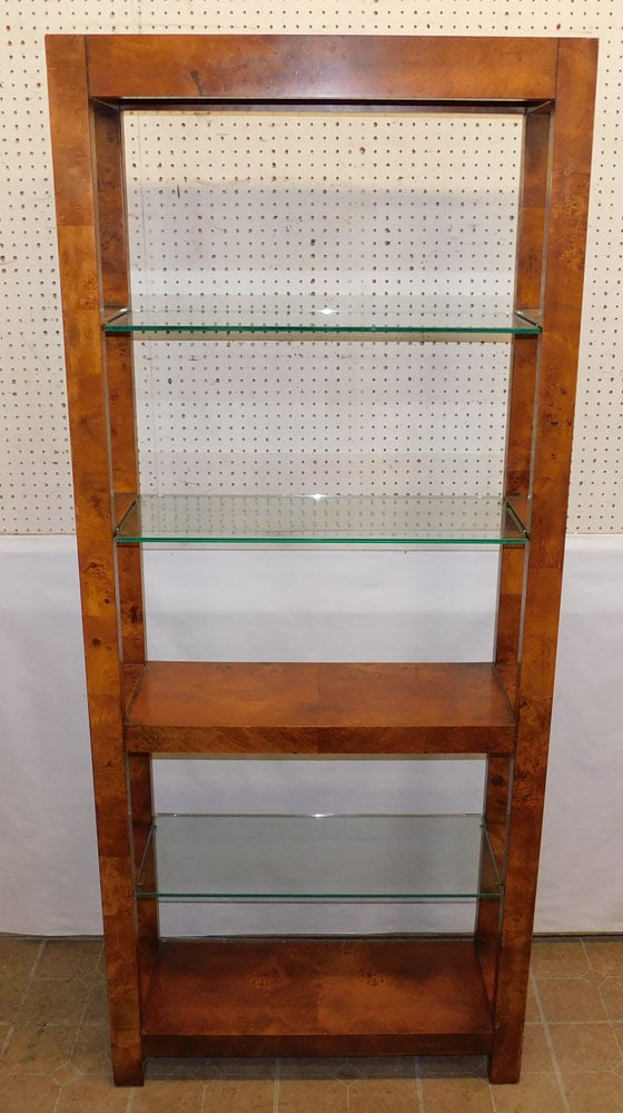 Modern Burl Walnut Etagere With Glass Shelves (1 of 5)