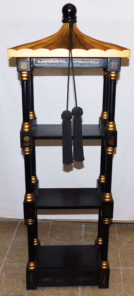 Black Lacquered Gilt Paint Decorated Pagoda Top Wall Hanging Shelf (1 of 8)