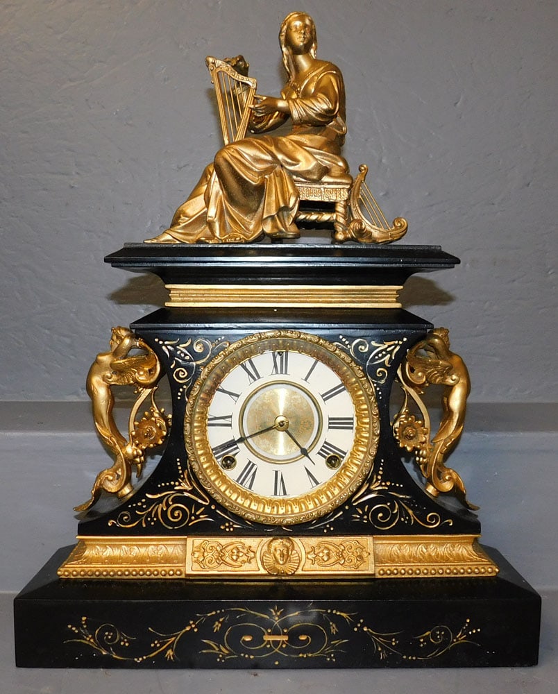 Antique Cast Iron Gilt Metal Figural Clock (1 of 6)