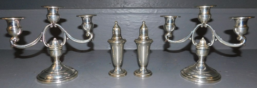 Pair Sterling Weighted Three Light Candelabras & Pair Sterling Weighted Salt & Pepper Shakers (1 of 4)