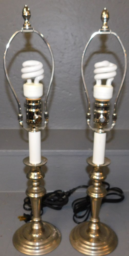 Pair Pewter Candlestick Lamps By Virginia Metalcrafters (1 of 3)