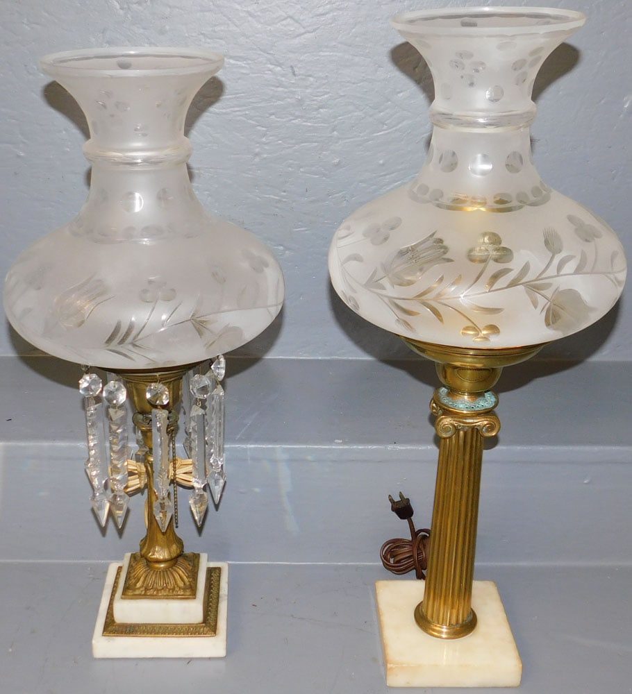 Two Brass Marble Base Astro Lamps With Frosted Etched Glass Shades (1 of 5)