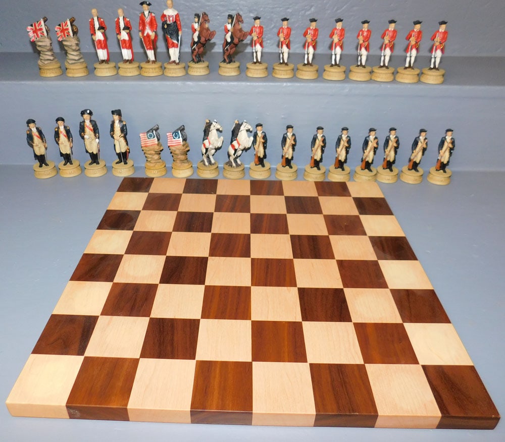 Solid Mixed Wood Chess Board With Revolutionary War Soldier Chess Pieces: Solid Mixed Wood Chess Board With Revolutionary War Soldier Chess Pieces. 16" Dia. ALL DESCRIPTIONS AND ANY CONDITION STATEMENT GIVEN BY LANGSTON AUCTION GALLERY ARE STRICTLY OPINIONS AND LANGSTON'S S