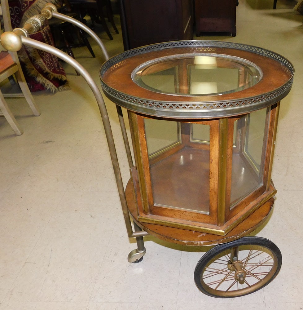 Cherry & Brass Rolling Vitrine Cart With Brass Gallery (1 of 6)