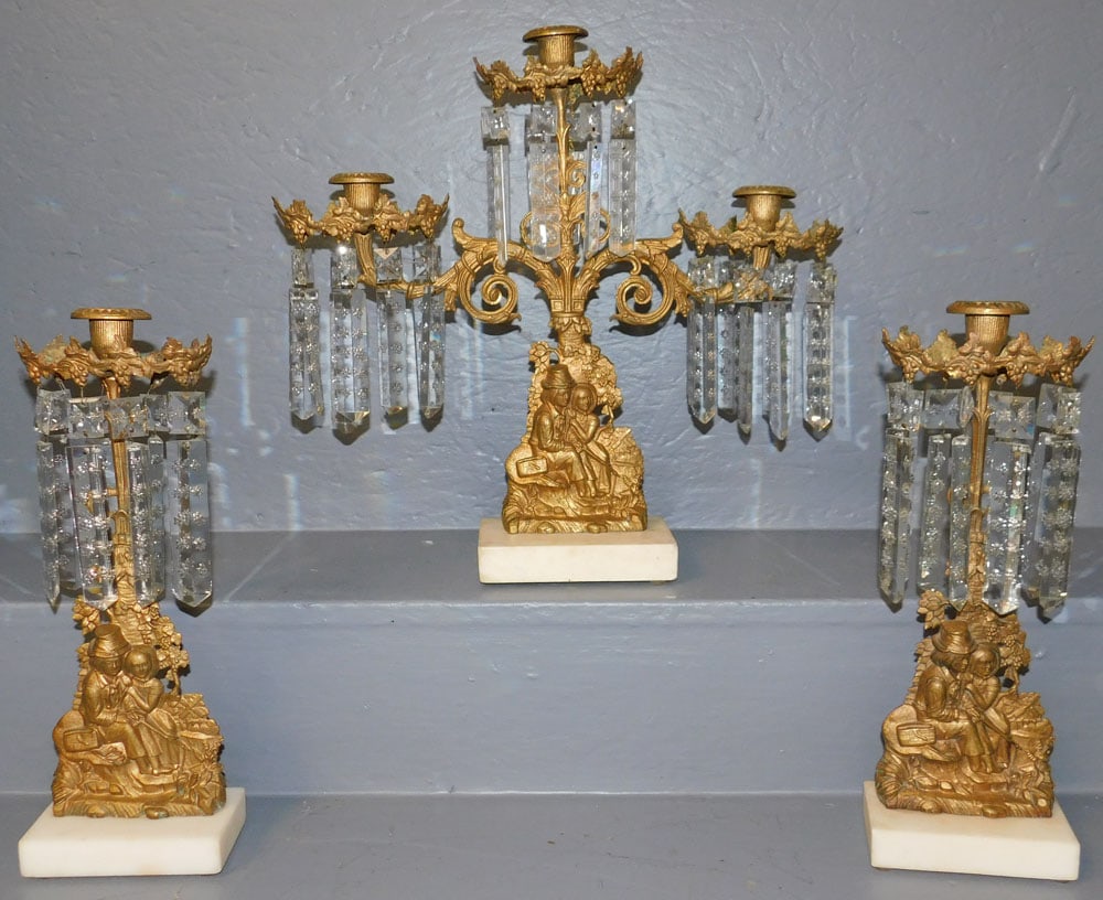 Three Piece Brass And Marble Base Girandole Set (1 of 5)