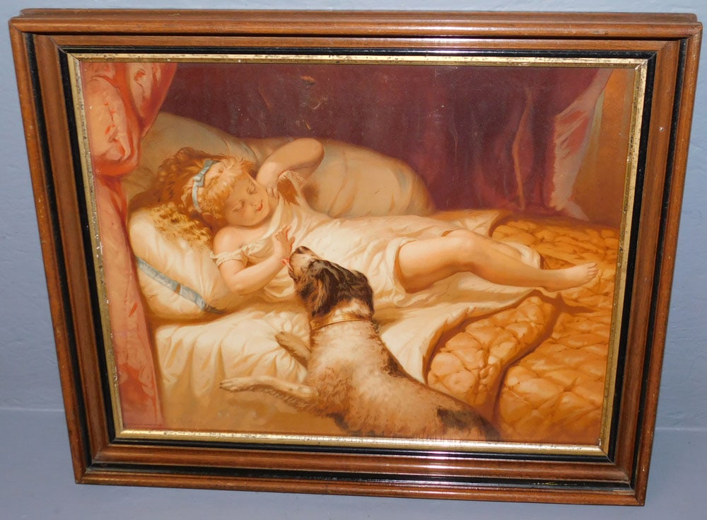 Walnut Framed Chromolithograph of Little Girl & Dog Dated 1874 (1 of 4)