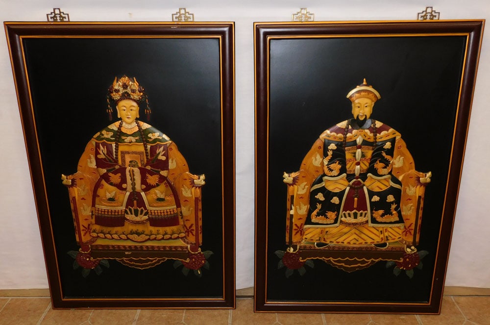 Pair Oriental Nobleman High Relief Panels (1 of 6)