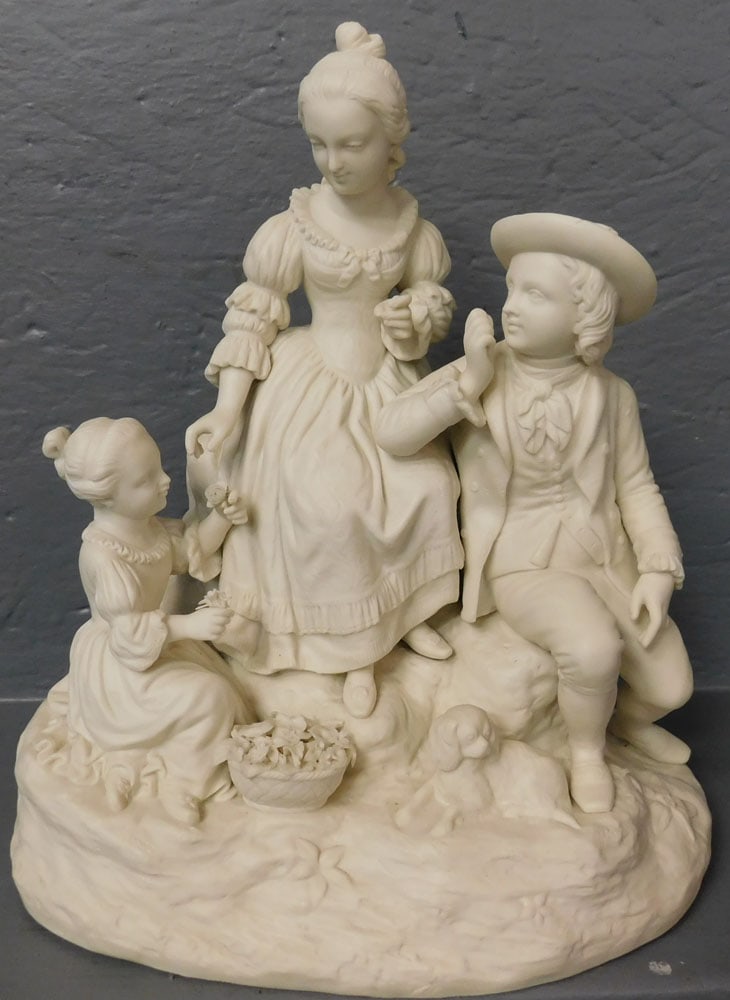 Parian Porcelain Group Figure: Parian Porcelain Group Figure. 13 1/4" H ALL DESCRIPTIONS AND ANY CONDITION STATEMENT GIVEN BY LANGSTON AUCTION GALLERY ARE STRICTLY OPINIONS AND LANGSTON'S SHALL HAVE NO RESPONSIBILITY FOR ERRORS OR