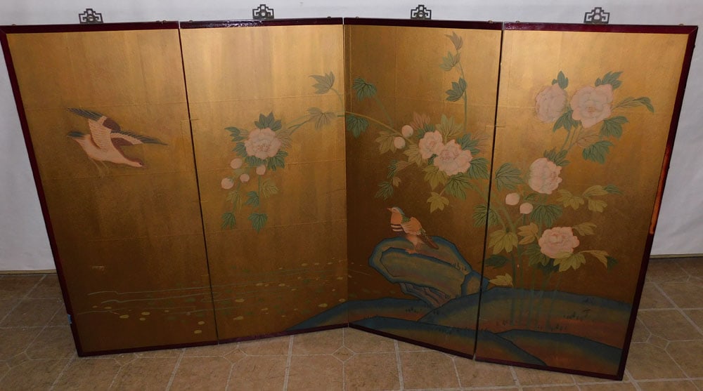 Four Panel Oriental Watercolor Wall Hanging Screen (1 of 6)