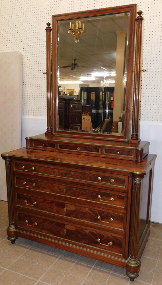 Antique Mahogany French Empire Dresser With Brass Ormolu: Antique Mahogany French Empire Dresser With Brass Ormolu. 48" W 23" D 79 1/2" H ALL DESCRIPTIONS AND ANY CONDITION STATEMENT GIVEN BY LANGSTON AUCTION GALLERY ARE STRICTLY OPINIONS AND LANGSTON'S SHAL