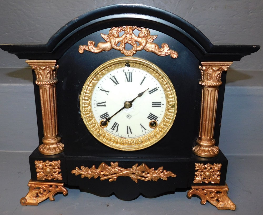 Painted Cast Iron Gilt Metal Shelf Clock By Ansonia (1 of 5)