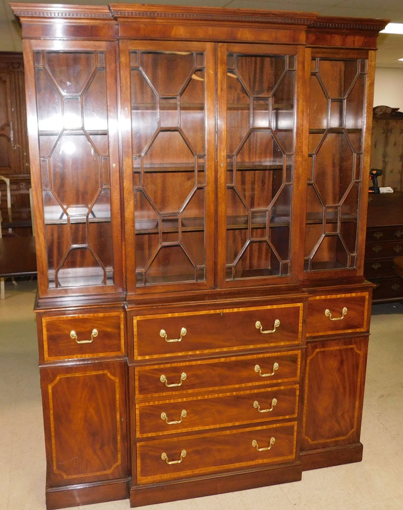 Mahogany Satinwood Inlay Two Part Break Front With Desk Compartment Drawer By Baker Collectors (1 of 8)
