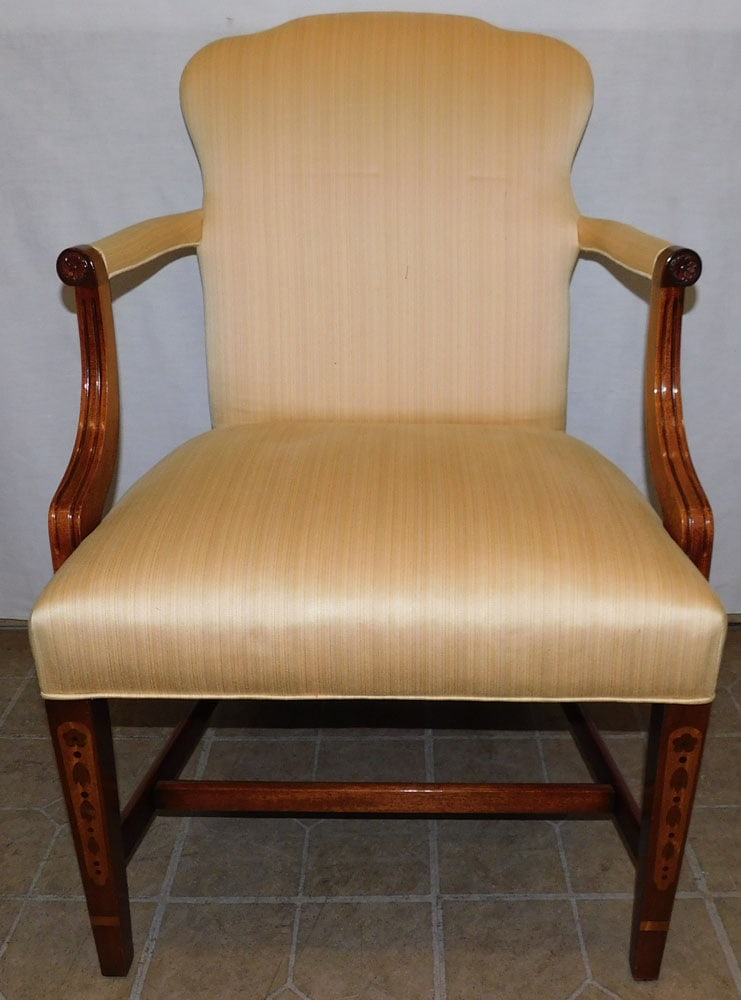 Mahogany Upholstered Bell Flower Inlay Arm Chair Southwood: Mahogany Upholstered Bell Flower Inlay Arm Chair Southwood. 36" H ALL DESCRIPTIONS AND ANY CONDITION STATEMENT GIVEN BY LANGSTON AUCTION GALLERY ARE STRICTLY OPINIONS AND LANGSTON'S SHALL HAVE NO RESP