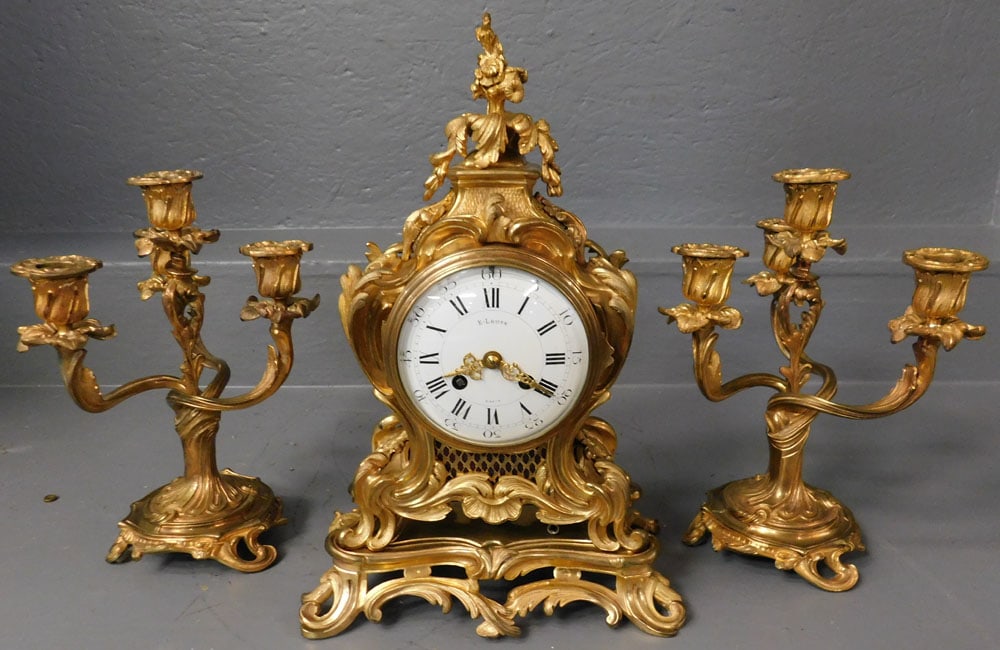 Antique French Three Piece Gilt Bronze Clock By E. Louise (1 of 6)