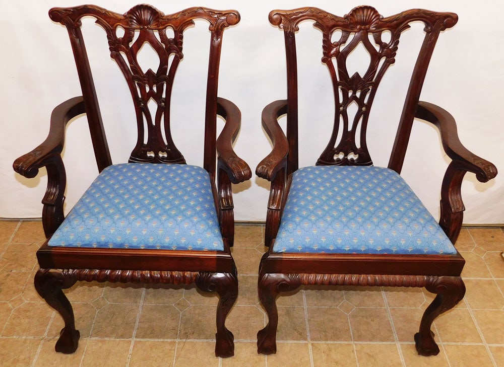 Pair Mahogany Carved Chippendale Style Arm Chairs (1 of 6)