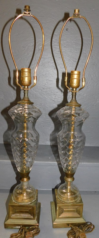 Pair Gilt Metal & Crystal Lamps: Pair Gilt Metal & Crystal Lamps. 29 1/4" H ALL DESCRIPTIONS AND ANY CONDITION STATEMENT GIVEN BY LANGSTON AUCTION GALLERY ARE STRICTLY OPINIONS AND LANGSTON'S SHALL HAVE NO RESPONSIBILITY FOR ERRORS O