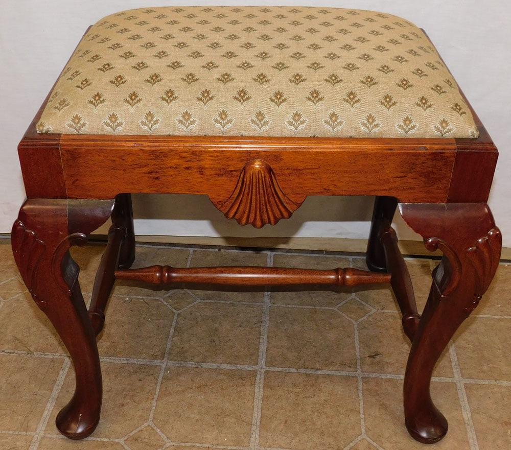 Mahogany Queen Anne Style Upholstered Top Stretcher Base Stool (1 of 5)