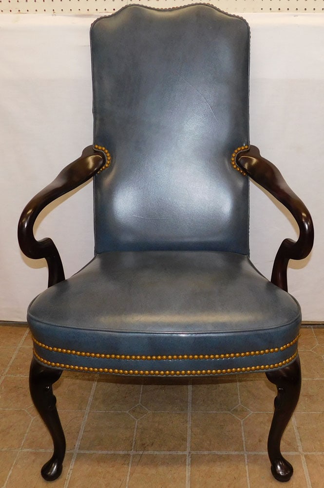 Mahogany Queen Anne Upholstered Arm Chair By Hancock & Moore: Mahogany Queen Anne Upholstered Arm Chair By Hancock & Moore. 43 3/4" H ALL DESCRIPTIONS AND ANY CONDITION STATEMENT GIVEN BY LANGSTON AUCTION GALLERY ARE STRICTLY OPINIONS AND LANGSTON'S SHALL HAVE N