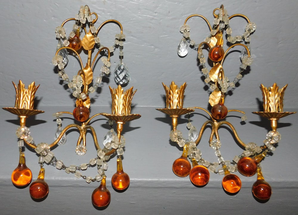Pair Gilt Metal & Glass Wall Sconces (1 of 3)