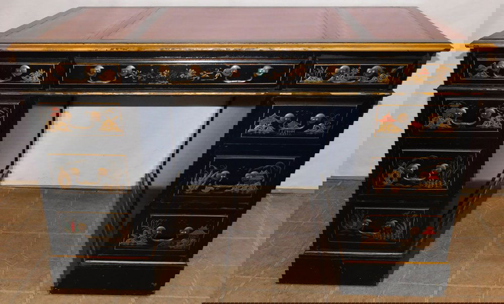 Black Lacquered Chinoiserie Paint Decorated Tooled Leather Top Desk By Sligh (1 of 12)