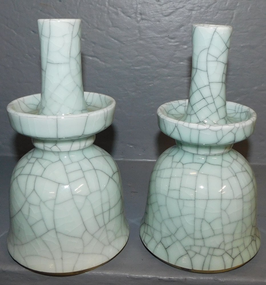 Pair Celadon Crackle Ware Porcelain Candlesticks (1 of 3)