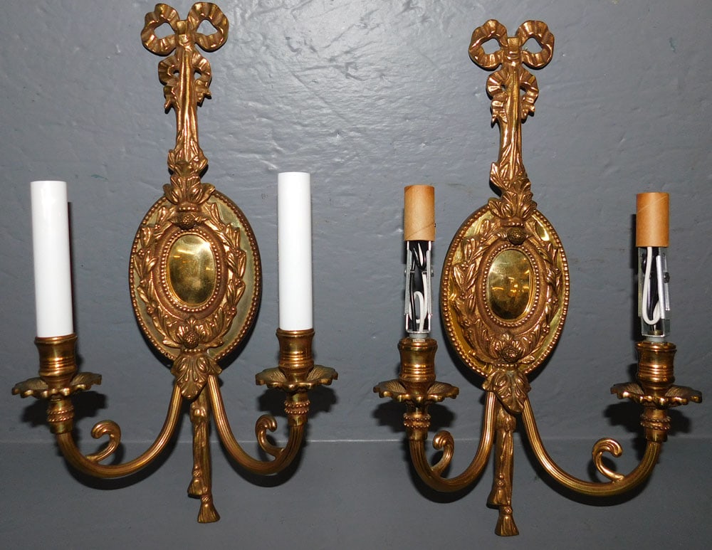 Pair Cast Brass Two Light Wall Sconces (1 of 4)
