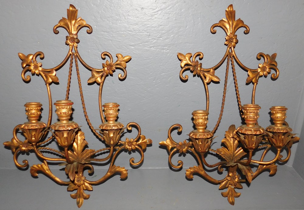 Pair Gilt Metal & Wood Three Light Wall Sconces (1 of 4)