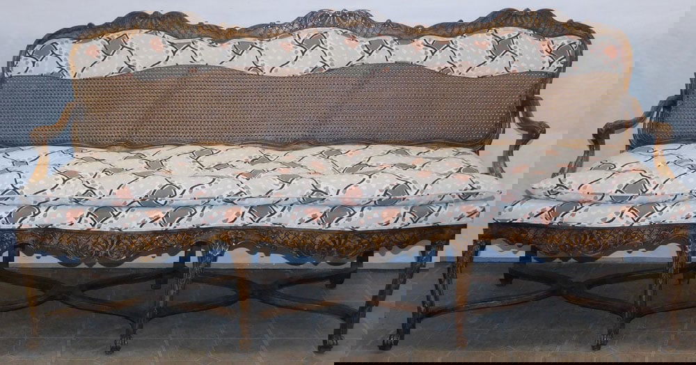 French Walnut Carved Cane Back Bench With Down Cushion By Yale R. Burge (1 of 14)