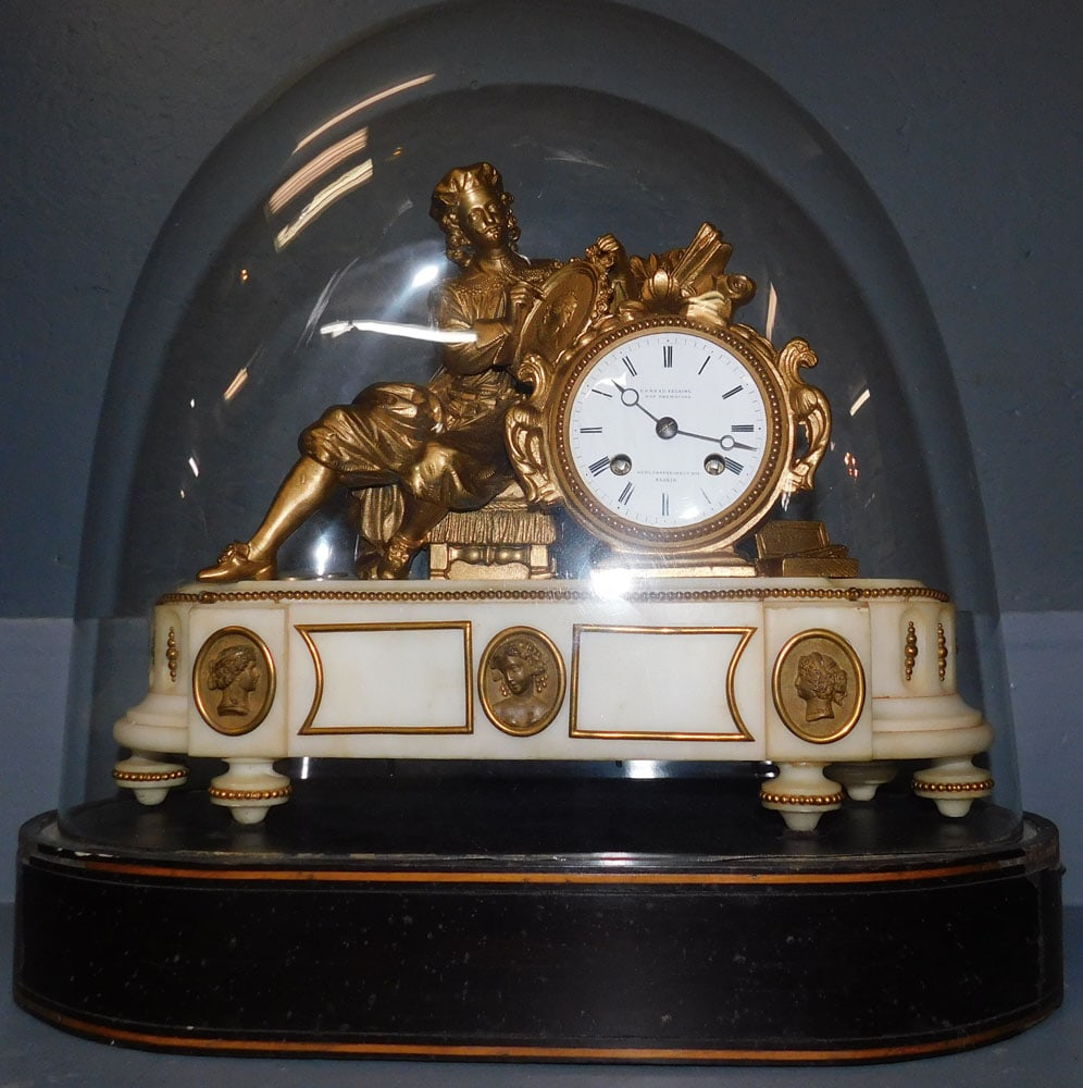German Gilt Metal & Marble Mantle Clock Under Glass Dome By Schlossereiheit Berlin (1 of 6)