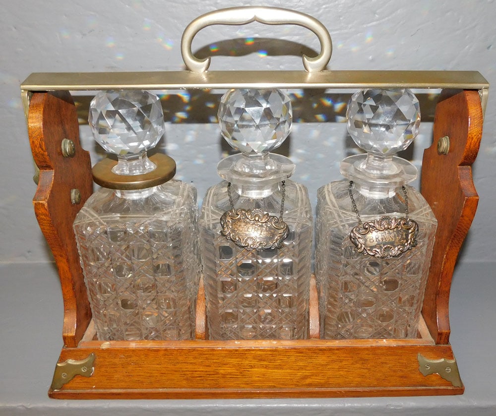 Antique Oak Brass Bound Tantalus Set With Cutglass Decanters (1 of 4)