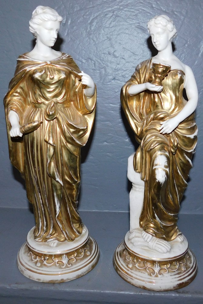 Pair Neoclassical Porcelain Lady Figurines: Pair Neoclassical Porcelain Lady Figurines. 14 1/4" H ALL DESCRIPTIONS AND ANY CONDITION STATEMENT GIVEN BY LANGSTON AUCTION GALLERY ARE STRICTLY OPINIONS AND LANGSTON'S SHALL HAVE NO RESPONSIBILITY F