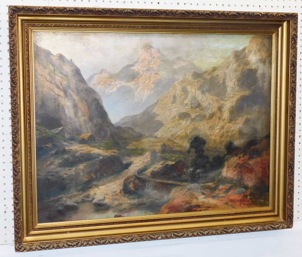 Large Antique Oil on Canvas of Alps Mountain Scene Signed by John Edmund Califano (1 of 6)