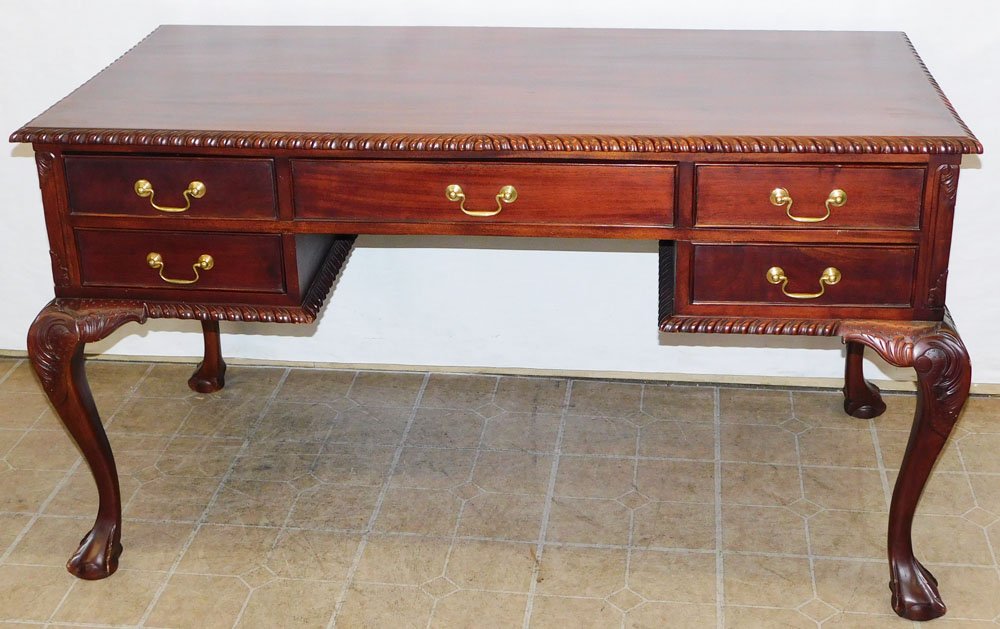 Mahogany Chippendale Style Ball & Claw Foot Kneehole Desk: Mahogany Chippendale Style Ball & Claw Foot Kneehole Desk. 54 1/2" W 27" D 30 1/2" H ALL DESCRIPTIONS AND ANY CONDITION STATEMENT GIVEN BY LANGSTON AUCTION GALLERY ARE STRICTLY OPINIONS AND LANGSTON'S