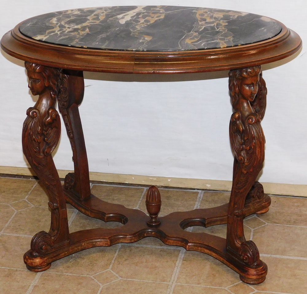 Carved Walnut French Black Marble Top Figural Table (1 of 5)