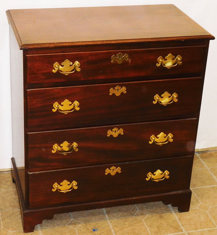 Diminutive Mahogany Chippendale Style 4 Drawer Chest: Diminutive Mahogany Chippendale Style 4 Drawer Chest 30" W 17" D 33" H ALL DESCRIPTIONS AND ANY CONDITION STATEMENT GIVEN BY LANGSTON AUCTION GALLERY ARE STRICTLY OPINIONS AND LANGSTON'S SHALL HAVE NO