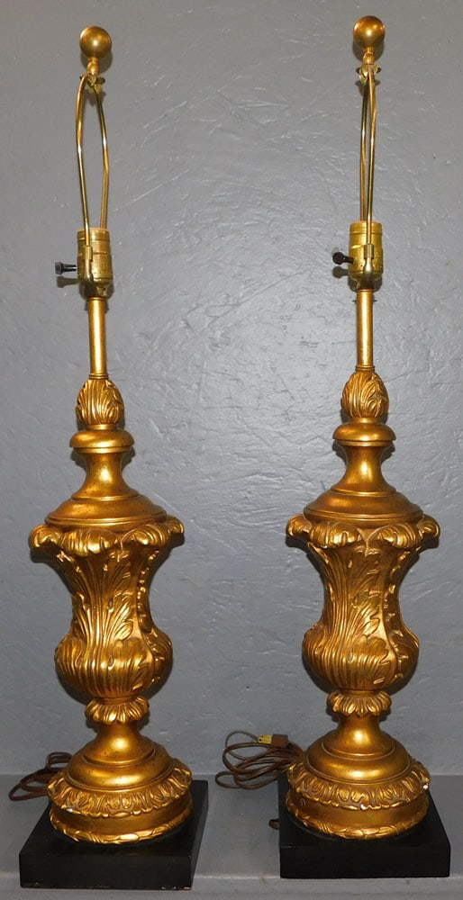Pair Gilt Lamps By Chapman: Pair Gilt Lamps By Chapman. 33" H ALL DESCRIPTIONS AND ANY CONDITION STATEMENT GIVEN BY LANGSTON AUCTION GALLERY ARE STRICTLY OPINIONS AND LANGSTON'S SHALL HAVE NO RESPONSIBILITY FOR ERRORS OR OMISSIO