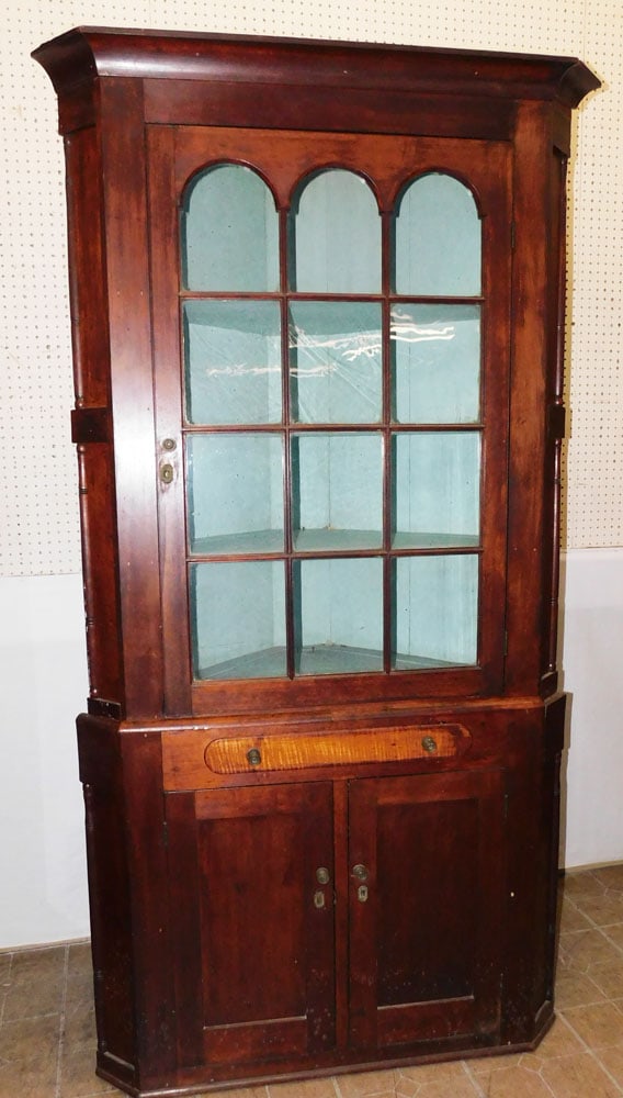 19th C Cherry Two Part 12 Pane Glass Door Corner Cabinet (1 of 8)
