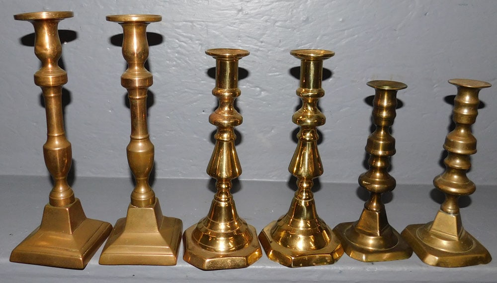 Three Pair Antique Brass Candlesticks (1 of 3)