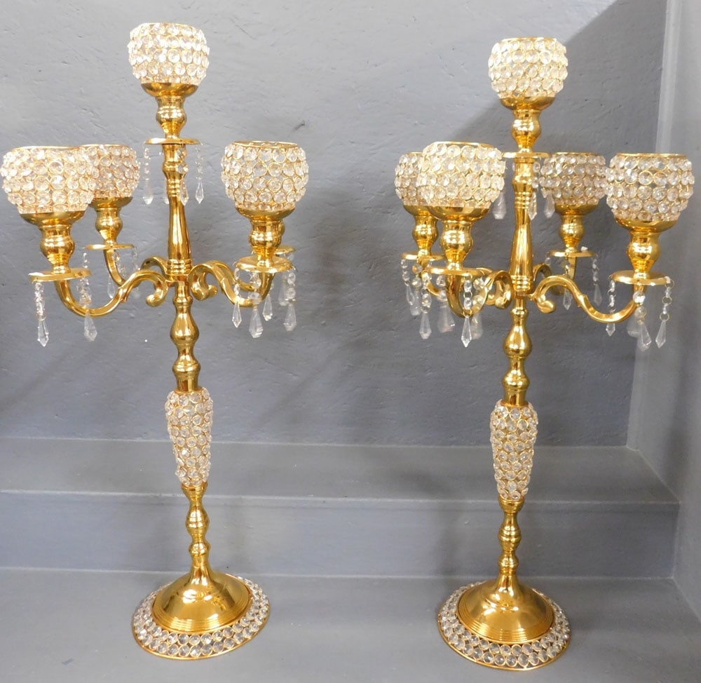 Pair Gilt Metal & Crystal 5 Arm Candelabras: Pair Gilt Metal & Crystal 5 Arm Candelabras. 35 1/4" H ALL DESCRIPTIONS AND ANY CONDITION STATEMENT GIVEN BY LANGSTON AUCTION GALLERY ARE STRICTLY OPINIONS AND LANGSTON'S SHALL HAVE NO RESPONSIBILITY 