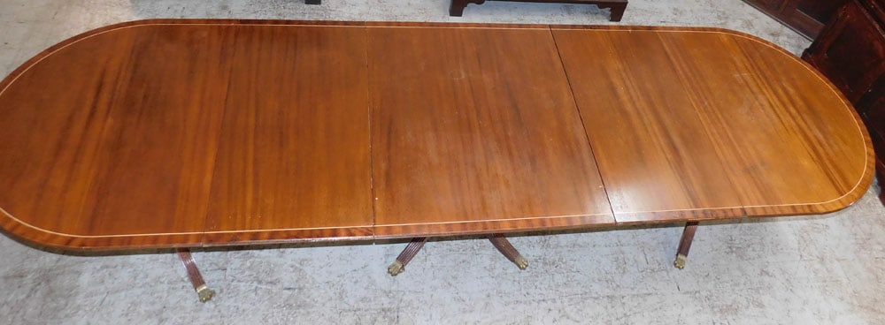 Mahogany Inlay Banded Top Three Pedestal Banquet Table With Two Leaves (1 of 7)