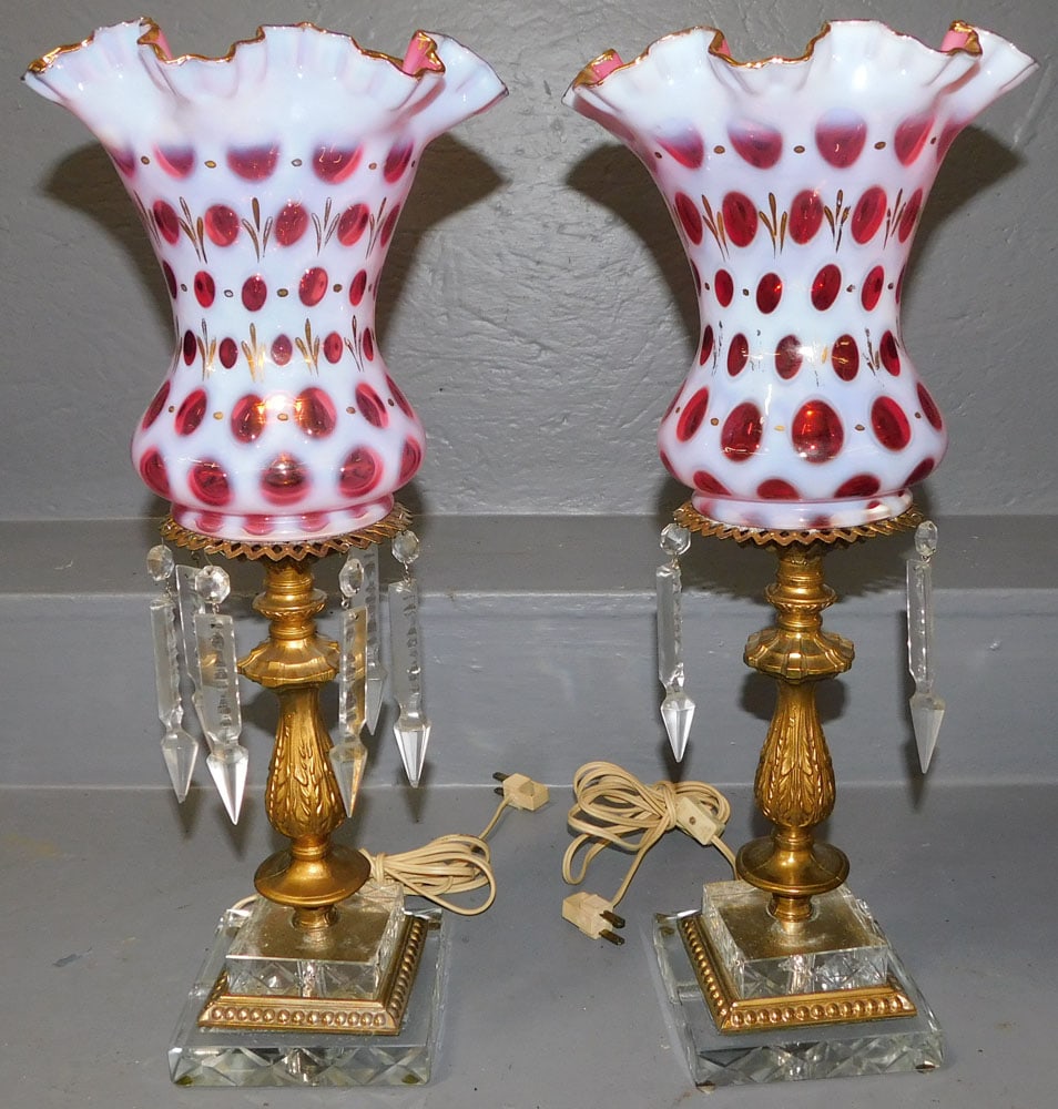 Pair Gilt Metal Lamps With Thumbprint Cranberry Glass Shades (1 of 3)