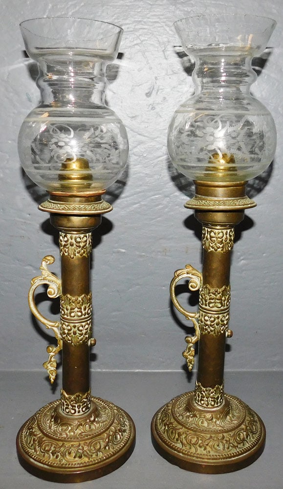 Pair Brass Candlesticks With Etched Glass Shades (1 of 3)