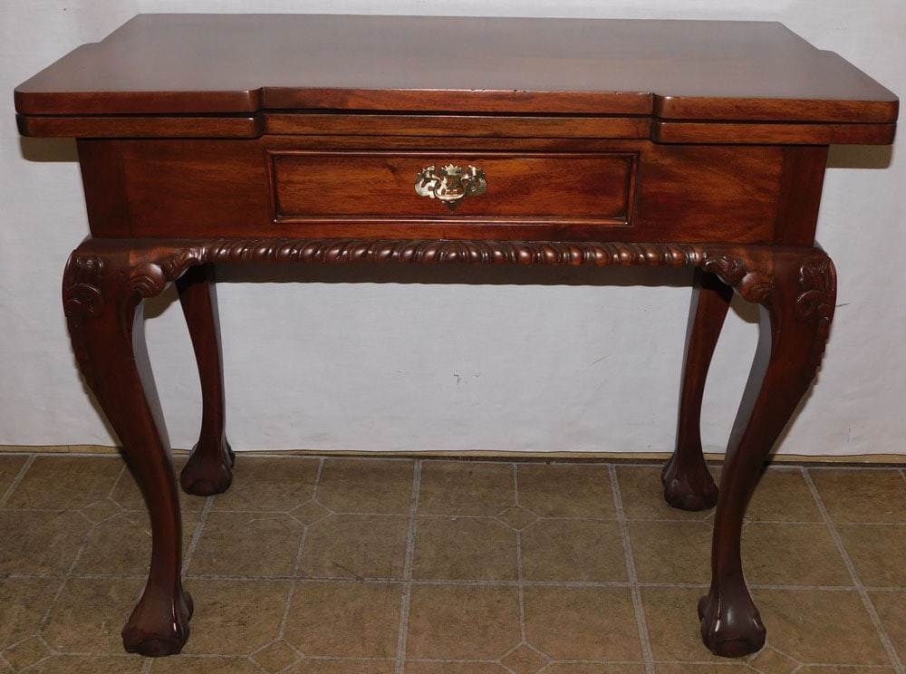 Mahogany Carved Fold Over Top Games Table With Checker Board Inlay (1 of 7)