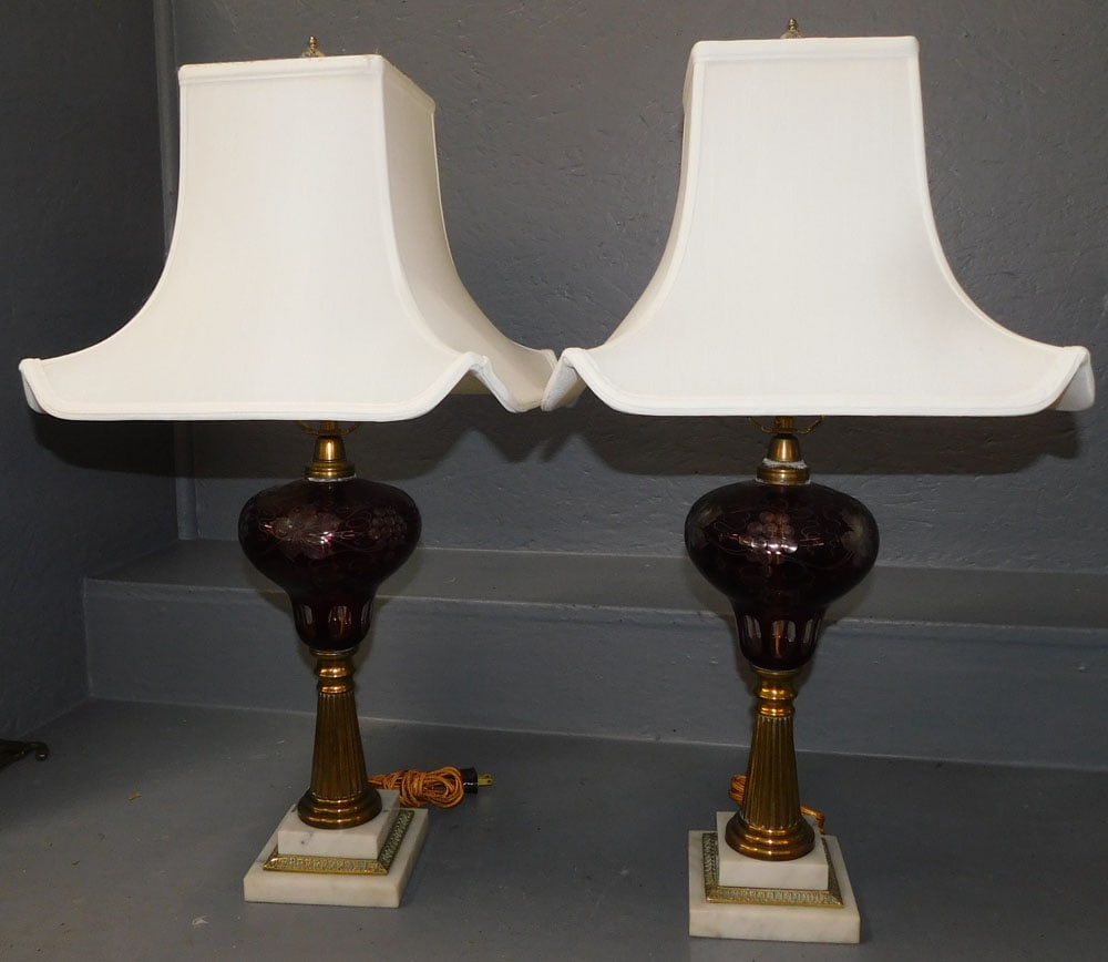 Pair Ruby Cut To Clear Lamps With Brass & Marble Bases (1 of 3)
