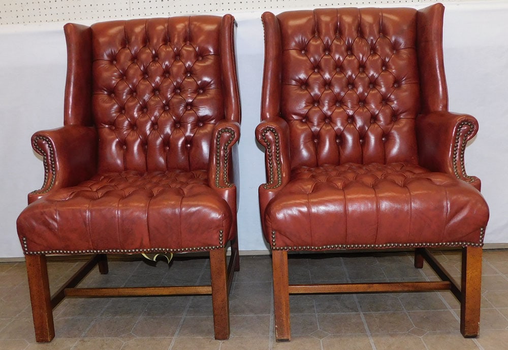 Pair Leather Chesterfield Style Wing Back Chairs By Classic (1 of 8)