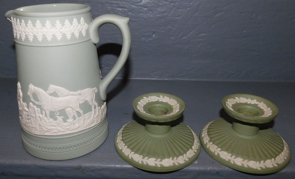 Green Jasperware Pitcher & Pair Wedgwood Candlesticks (1 of 4)