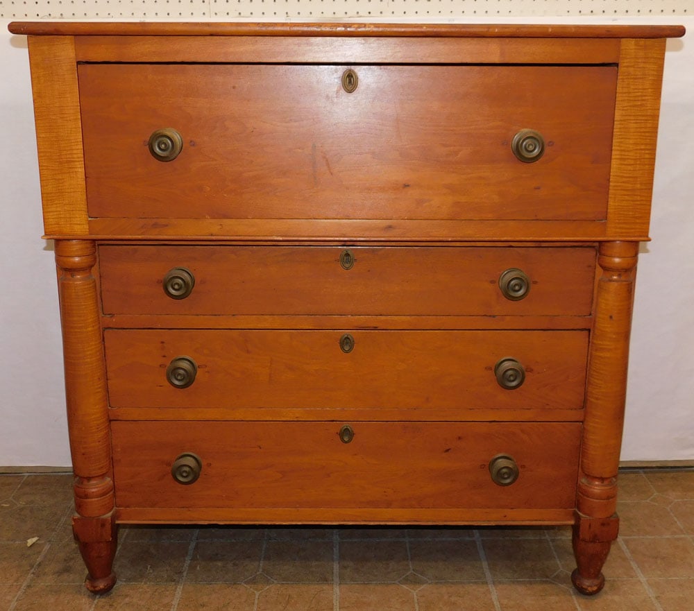 19th C Walnut & Tiger Maple Four Drawer Chest (1 of 6)