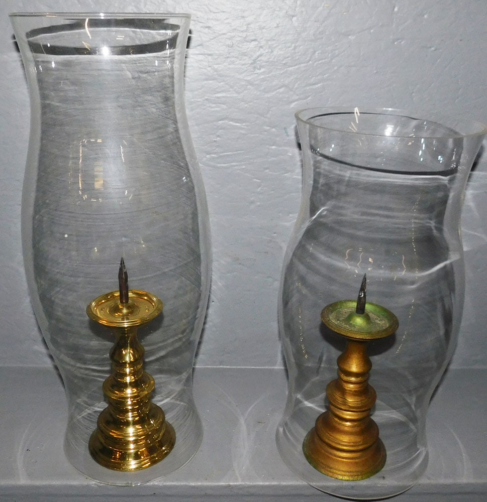 Two Colonial Williamsburg Candlesticks With Glass Hurricane Shades (1 of 3)
