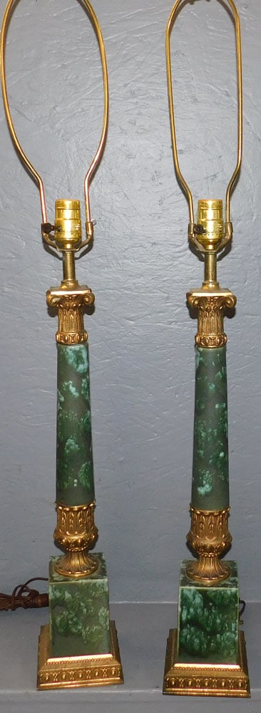 Pair Gilt Metal & Pottery Column Lamps (1 of 2)