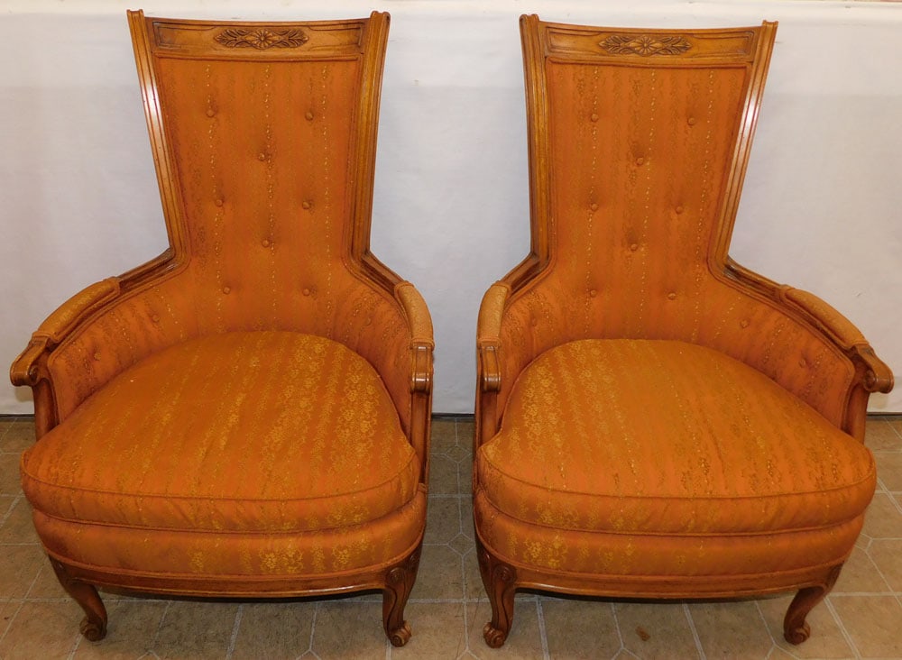 Pair Walnut Carved Upholstered Arm Chairs By Henredon: Pair Walnut Carved Upholstered Arm Chairs By Henredon. 41 3/4" H ALL DESCRIPTIONS AND ANY CONDITION STATEMENT GIVEN BY LANGSTON AUCTION GALLERY ARE STRICTLY OPINIONS AND LANGSTON'S SHALL HAVE NO RESPO